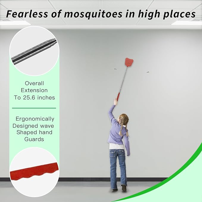 MYSTICHOME Fly Swatter 1 PCS, Durable Heavy Duty Plastic Fly Swatters, Stainless Steel Telescopic FlySwatter for Indoors/Outdoor/Kitchen/Garden (Red)