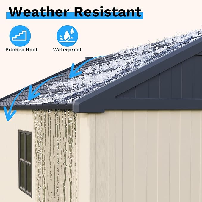 Devoko 8 x 8 FT Plastic Storage Shed with Floor, Outdoor Resin Tool Shed with Lockable Door & Sloping Roof, Patio Kick-it Shed for Garden, Backyard, Lawn, Beige