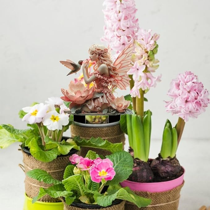 Fairy Garden Stake Decor, 2D Flat Acrylic Fairy Garden Decor Panel, Elf Yard Sign for Outdoor Indoor Yard Lawn Plants Pots, Fairy Yard Accessories (Fairy and Hummingbird)