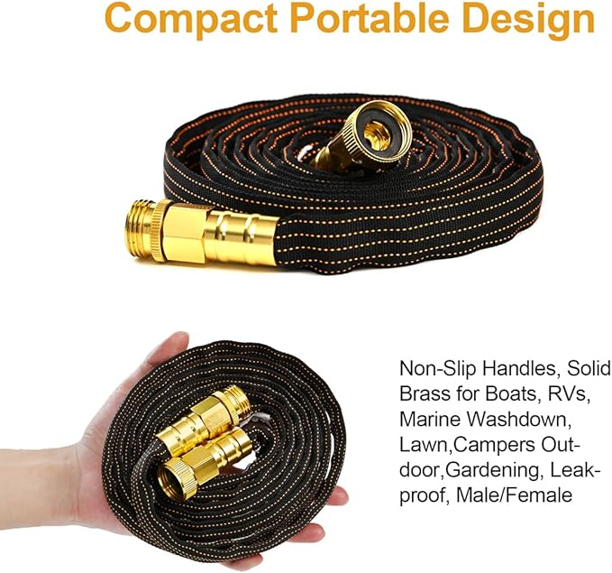 10FT Lightweight Flexible Garden Hose,Non-Slip,Solid Brass Fitting Water Hose for Boats,RV,Marine Washdown, Lawn,Gardening,Leakproof (OrangeBlack,10 FT)