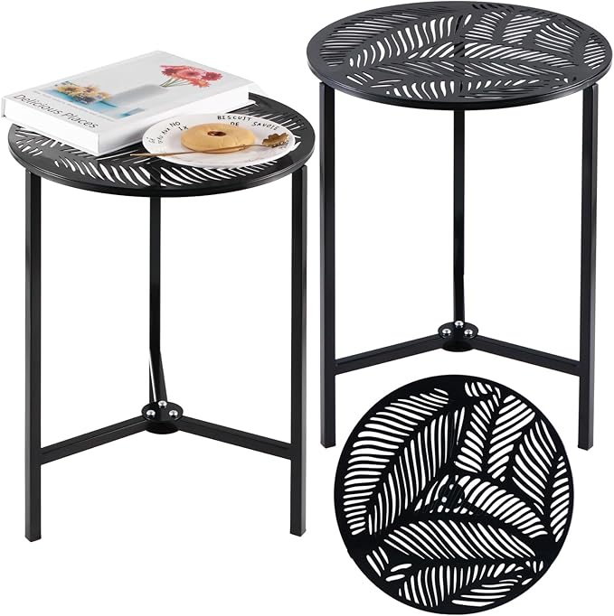 2 Packs 13" Metal Outdoor Side Tables Small Black Outside End Table for Patio Round Accent Corner Stand for Small Spaces Weather-Resistant Coffee Table for Balcony Porch Plant Stand, Palm Leaf