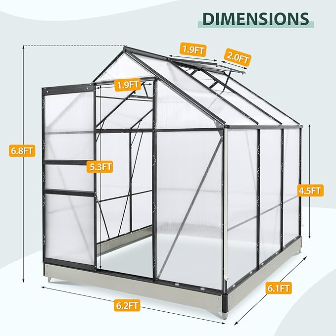 EAGLE PEAK 6x6x7 Outdoor Walk-in Hobby Greenhouse with Adjustable Roof Vent and Rain Gutter, Base and Anchor, Polycarbonate Aluminum Green House for Backyard Garden, Gray