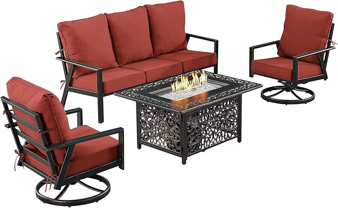 Oakland Living Black Aluminum Patio Fire Table Set with Deep Seating Sofa with Cushion and Two Club Chairs with Red Cushions