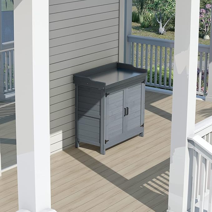 Outdoor Garden Patio Wooden Storage Cabinet Furniture Waterproof Tool Shed with Potting Benches Outdoor Work Station Table (Gray)