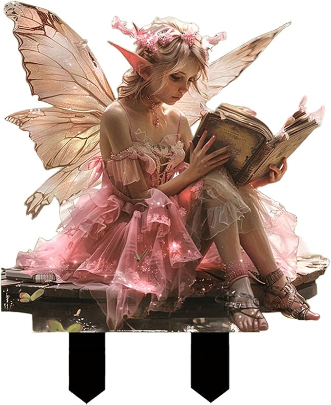 Fairy Garden Stake Decor, 2D Flat Acrylic Fairy Garden Decor Panel, Elf Yard Sign for Outdoor Indoor Yard Lawn Plants Pots, Fairy Backyard Accessories (Pink Fairy Reading a Book)
