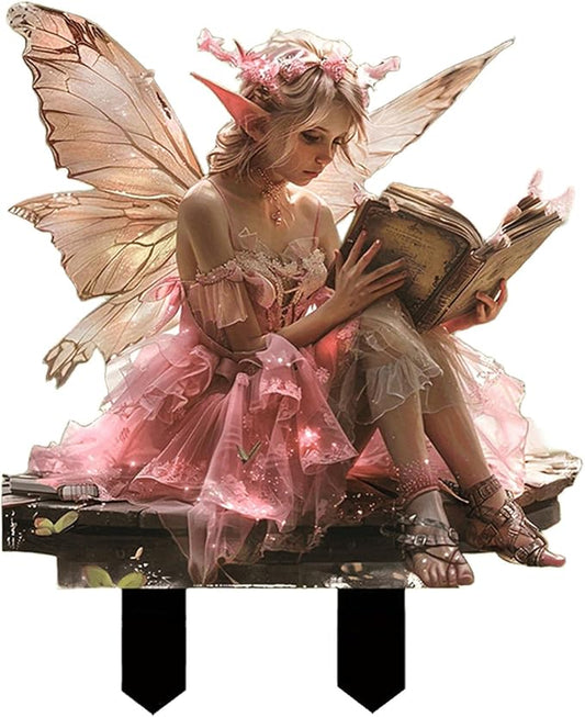 Fairy Garden Stake Decor, 2D Flat Acrylic Fairy Garden Decor Panel, Elf Yard Sign for Outdoor Indoor Yard Lawn Plants Pots, Fairy Backyard Accessories (Pink Fairy Reading a Book)