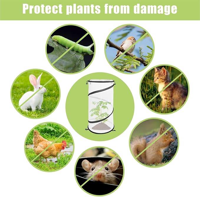 4 Pack Pop Up Plant Covers from Animals, 12"x 24"Round Foldable Insect Barrier Net Garden Plant Protectors with Stakes & Zipper, Bird Protection for Outdoor Vegetables Flowers Fruits Plants