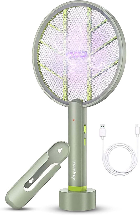 Aspectek 3000V Electric Fly Swatter for Indoor and Outdoor Use, Portable, Rechargeable Bug Zapper Racket with Improved Battery Life, USB Charging Cable, Wall Bracket, White -Green
