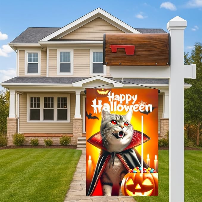 Halloween Garden Flag 11.81 x 17.72 Inch Gray Cat in Vampire Cape with Fangs Pumpkin Candy Bats and Happy Halloween Outdoor Yard Decoration for Holiday Party