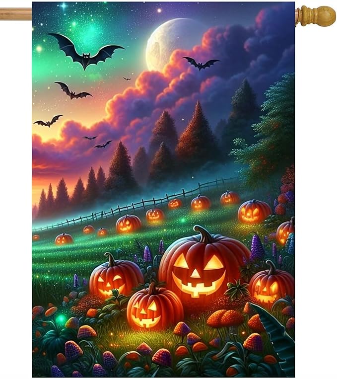 Fantasy Halloween Jack O Lantern Pumpkins Meadow Bats Full Moon House Flag 28" x 40" Double Sided Polyester Welcome Large Yard Garden Flag Banners for Patio Lawn Home Outdoor Decor