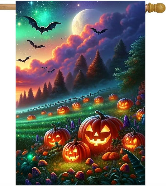 Fantasy Halloween Jack O Lantern Pumpkins Meadow Bats Full Moon House Flag 28" x 40" Double Sided Polyester Welcome Large Yard Garden Flag Banners for Patio Lawn Home Outdoor Decor