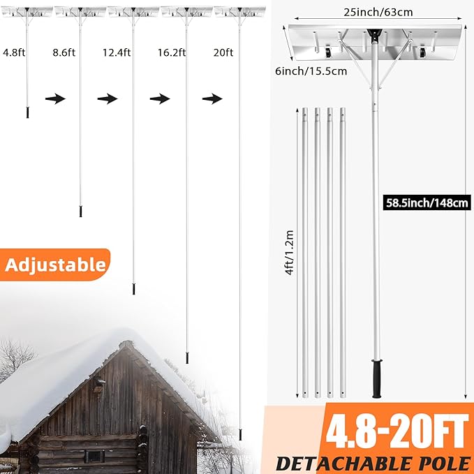 Gisafai Snow Roof Rake Snow Removal Tool with 5 Section Tubes 25 Inch Blade Adjustable 4.8-20 ft Reach Aluminum Shovel Rugged Slide for Single Cabins Car Roof (Silver)