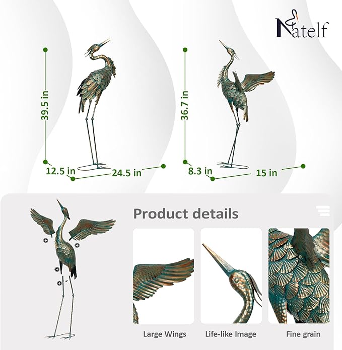 Natelf Metal Crane Garden Statues, Large Heron Outdoor Bird Sculpture Decor for Patio Pond Yard 36-39inch Yard Art, Set of 2