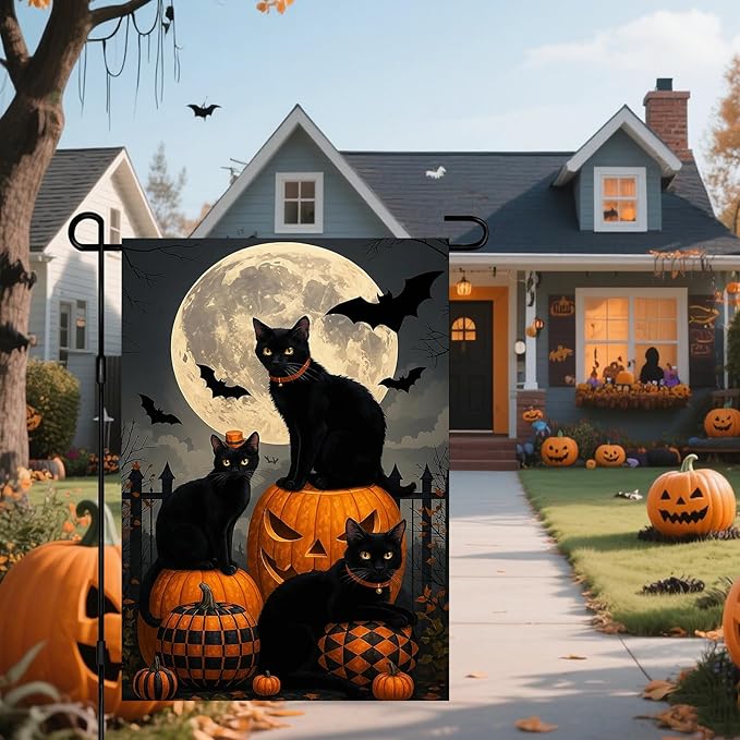 IVN Spooky Halloween Garden Flag 12x18 Inch Double Sided Black Cat Witch Pumpkin Jack O’ Lantern Gothic Outdoor Fall Yard Flag for Outside Home Front Door Lawn Porch Patio Welcome Decor