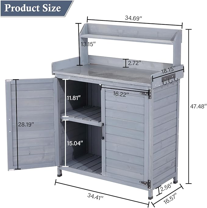 Garvee Outdoor Potting Bench Table, Wooden Gardening Furniture with Metal Tabletop and Storage Cabinet, Horticulture Workstation with Adjustable Shelf for Garden, Patio, Backyard, Greenhouse