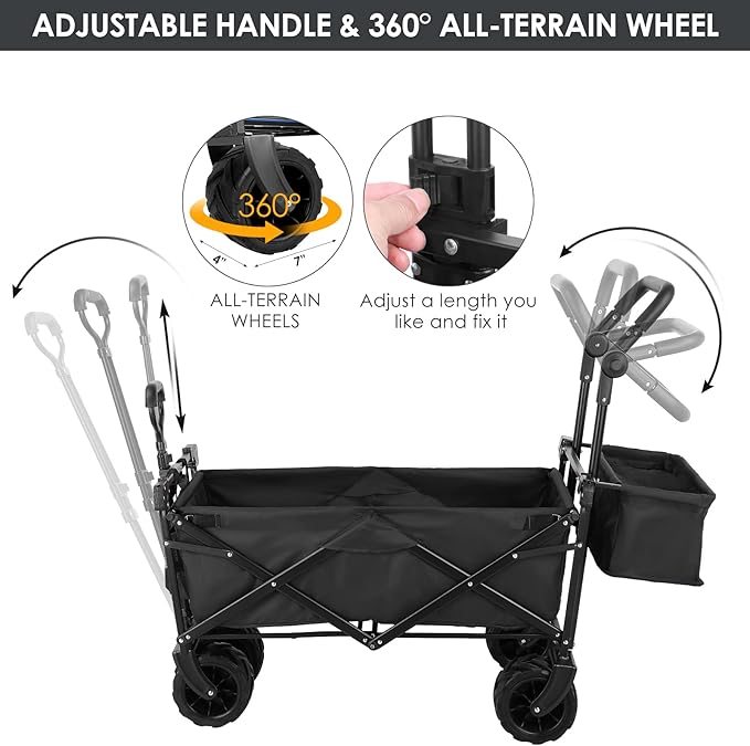 AthLike Extra Large Collapsible Wagon w/Removable Canopy, 250lbs/262L Capacity Foldable Garden Cart w/Rear Storage, Heavy Duty Push&Pull Utility Camping Beach Stroller w/Big Wheel&Adjustable Handles