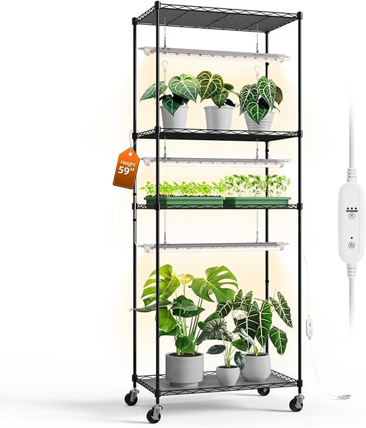 Plant Shelf with Grow Light with Timer, Plant Stand with Adjustable Rack and Wheels, 3 Pack 72W T8 2FT Full Spectrum Grow Lights for Indoor Plants, Seed Starting, Seed Tray, 23.5"x13.8"x59"