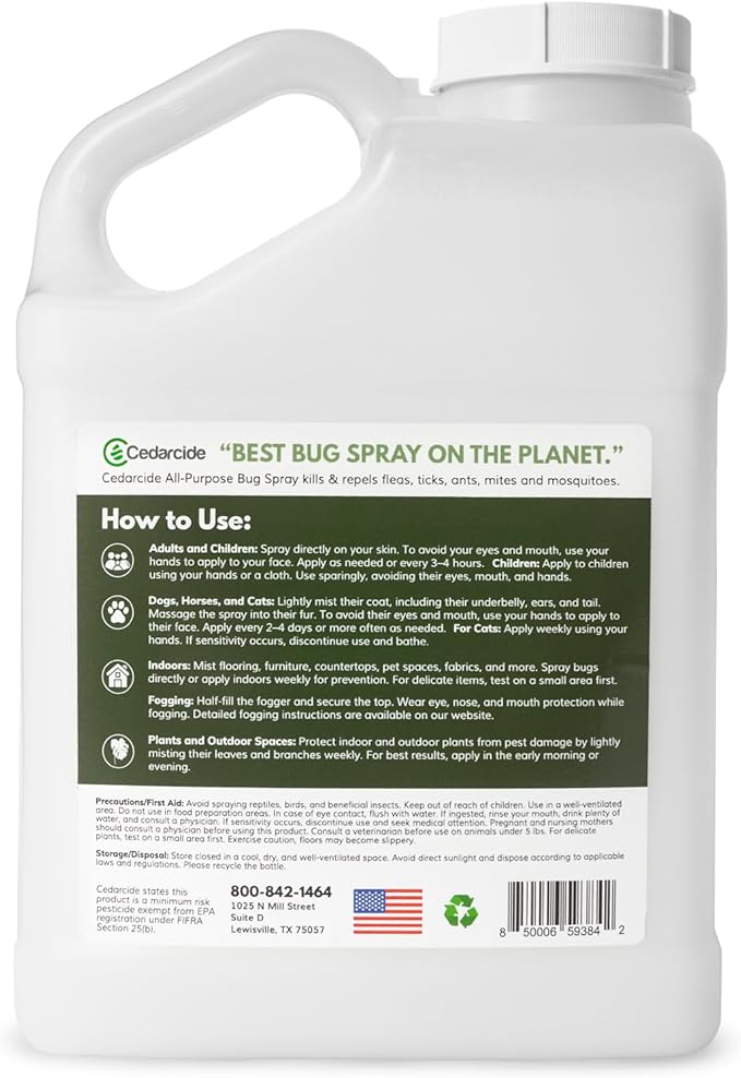 Cedarcide All-Purpose Bug Spray | Kill and Control Mosquitos, Fleas, Ticks, Ants | Made with Natural Essential Oils | Use on People, Pets & Kids | Cedarwood Gallon (128 Oz.)