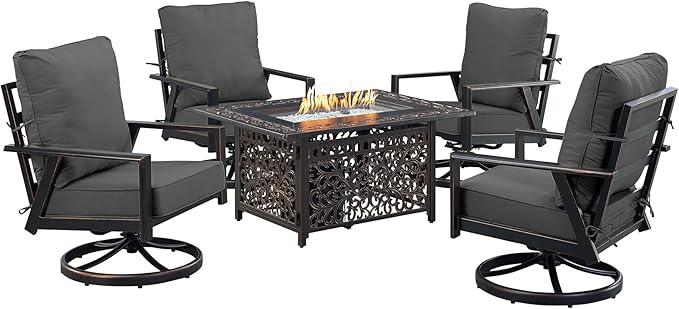 Oakland Living Black Aluminum Patio Fire Table Set with Four Club Chairs with Black Cushions