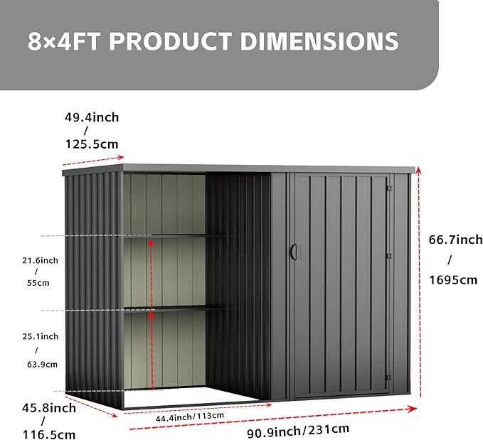 8×4 FT Metal Outdoor Storage Shed with Shelves, Lockable Waterproof Garden Tool Shed, Robust Backyard Patio Shed with Sloped Roof for Lawn Mower, Dark Gray (No Floor)