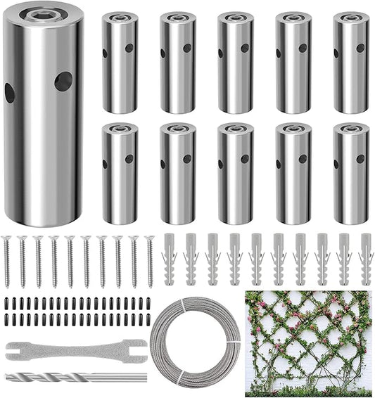 10 Sets Cylindrical Hubs Wall Trellis Kits, Wire Trellis for Climbing Plants Outdoor with 53Ft x 1/8" T316 Stainless Steel Rope, Garden Wire Trellis System for Espalier & Vertical Gardening