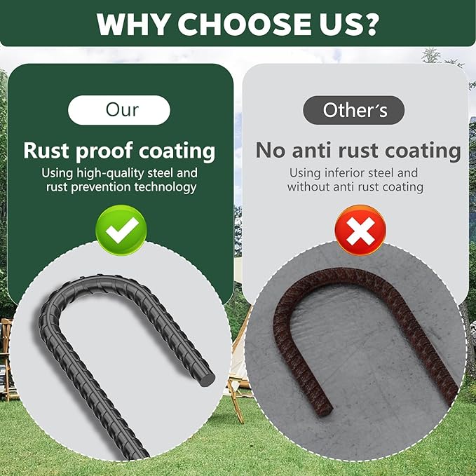 20 Pieces 12 Inch Long 5/16 Inch Diameter Rebar Tent Stakes Heavy Duty, Ground Anchors,Rebar Yard Fence Metal Lawn Bounce House Stakes Heavy Duty, Chain Link Fence J Hooks for Garden Wire Fencing