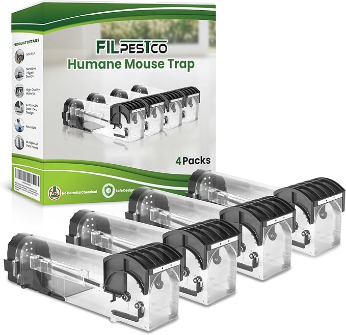 Set of 4 Humane, Catch and Release, Reusable, Tunnel Motel Mouse and Rat Trap for Indoor and Outdoor Pest Control Solutions