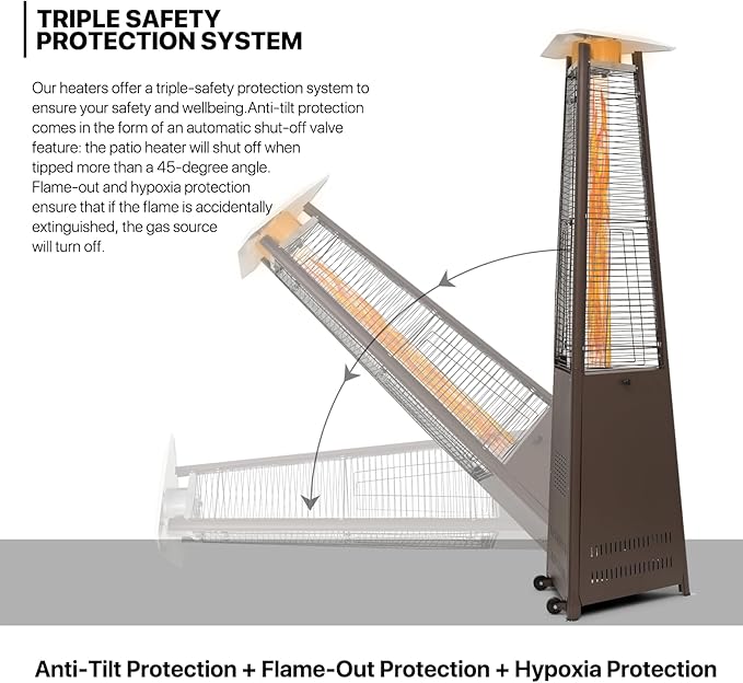 MoNiBloom 42000 BTU Propane Pyramid Patio Heater with Wheels and Glass Tube Flame Burner Outdoor Patio Heater for Commercial Use, Residential, Garden, Backyard, Porch, Deck, Balcony (Coffee Brown)