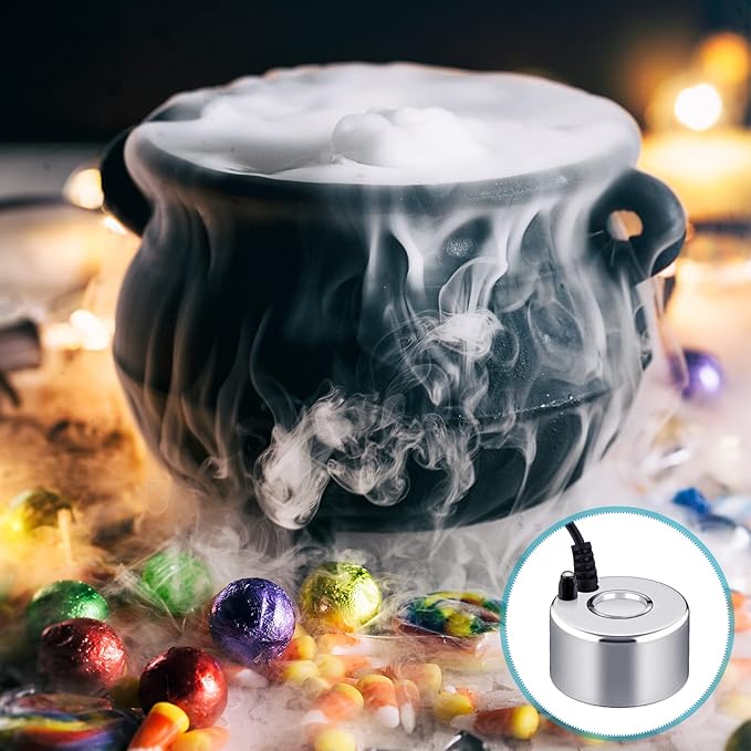 2 Pcs Mist Maker Fogger Small Ultrasonic Fog Machine Fountain Halloween Cauldron Mister Fogger Water Garden Pond Foggers Air Humidifier with 12 LED Light Flashes for Party (Without Light, Alloy)