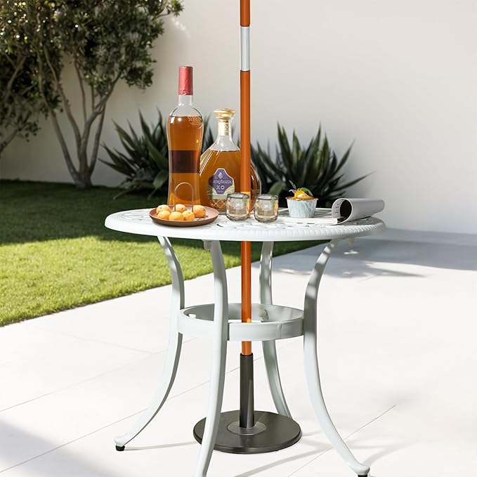 Outvita Patio Side Table, 23.6in Outdoor Round Cast Aluminum Bistro Table with Umbrella Hole and Antique Design for Backyard Porch Pool Balcony Deck White