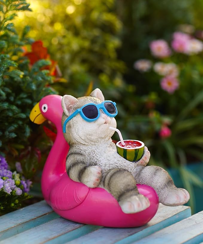 Cat Lying Flamingo Statue: Outdoor Sculptures Clearance for Lawn Porch Patio Balcony Yard - Gifts for Mom Women