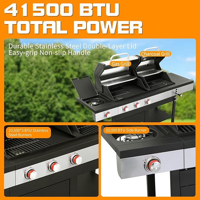 CIG GARDEN 3 Burner Propane Gas and Charcoal Grill Combo with Side Burner,Dual Fuel BBQ Grill with Cast Iron Griddle,41,500 BTU Output Perfect for Outdoor Cooking, Balcony, Backyard,Camping