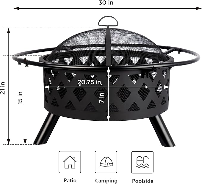 Red Mountain Valley 30'' Outdoor Wood Burning Fire Pit, 2-in-1 Large Round Fire Pit for Outside, Outdoor Fireplaces with Spark Screen, Fire Poker, Cover, Ideal for Patio, Backyard, Camping, Picnic