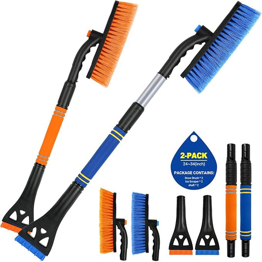 2Pack Ice Scrapers for Car Windshield, 2-in-1 Snow Scraper and Snow Brush for Car SUV Truck, Car Ice Windshield Scraper for Ice and Snow with 360° Pivoting Brush and Ergonomic Foam Grip Blue Orange