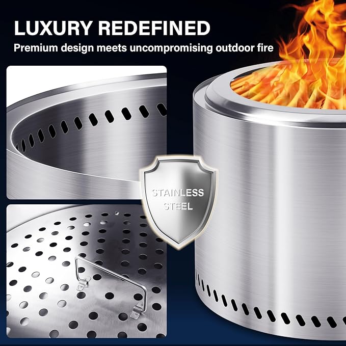 HGD 15.5" Smokeless Fire Pit Outdoor, Stainless Steel Wood Burning Firepit with Secondary Combustion, Backyard Patio Stove for Garden, BBQ & Bonfire