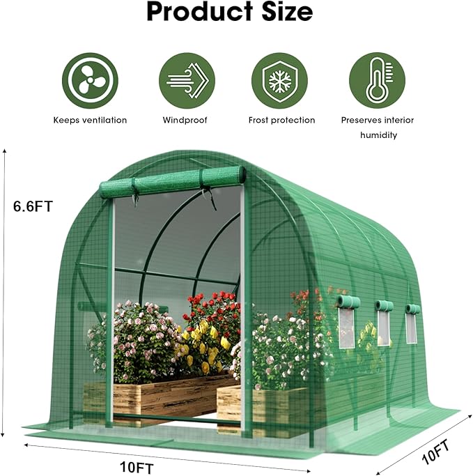Walk-in Tunnel Greenhouse，Portable Plant Hot Housewith Dual Zippered Screen Doors & 6 Screen Windows Heavy Duty Plastic Plant Warm House with Reinforced Frame (10x10x6.6 FT)