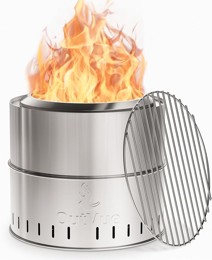 15.5 inch Stainless Steel Smokeless Fire Pit with Grill, Outdoor Smokeless Firepit, Wood Burning Fire Pits for Camping, Bonfire, Low Smoke Firepit for Outside (Vertical Hole)