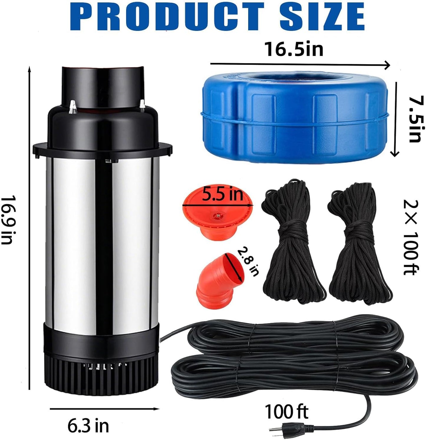 Pond Fountain Aerator - 110V, 0.75KW/1HP, 15000 GPH Pump. Fully Automatic Powerful Lake Floating Fountain with 100 - Foot Power Cord and Two 100 - Foot Guide Ropes for Large Ponds and Lakes (F-65)