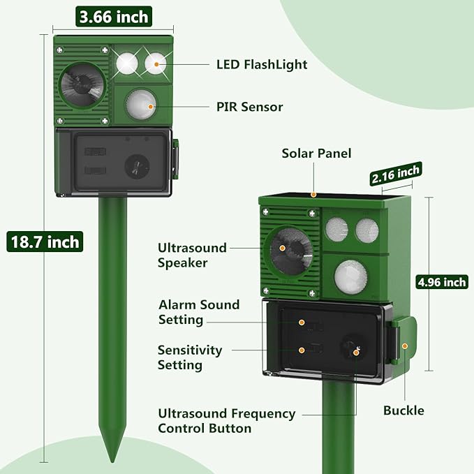 Solar Ultrasound Animal Repellent Outdoor, Deer Repellent Devices Skunk Repellent with Motion Detector & Flashing Light, Waterproof Raccoon Repeller, Cat Squirrel Rabbit Rat Repeller for Yard (Green)