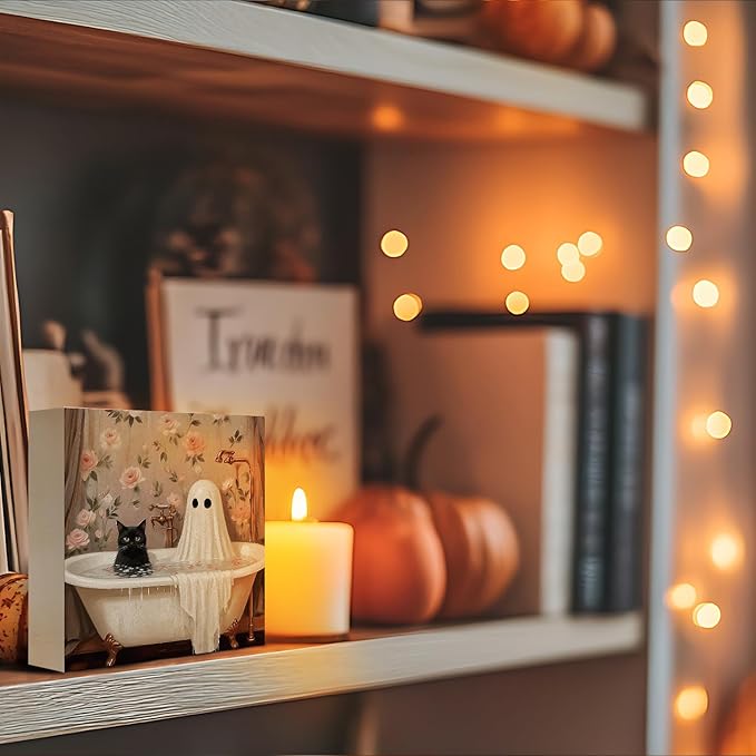 Mtrgdn Cute Halloween Decor,Halloween Decorations Indoor,Ghost with Black Cat Bathroom Decor Wooden Box Sign,Halloween Home Office Kitchen Bathroom Bedroom Desk Table Shelf Wall Decorations,5x5 Inch