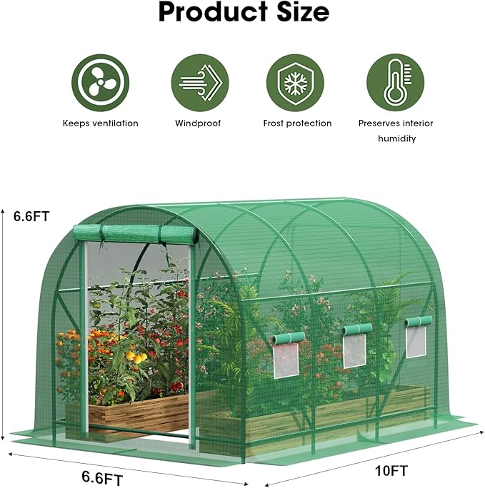 Walk-in Tunnel Greenhouse，Portable Plant Hot Housewith Dual Zippered Screen Doors & 6 Screen Windows Heavy Duty Plastic Plant Warm House with Reinforced Frame (10x7x7 FT)