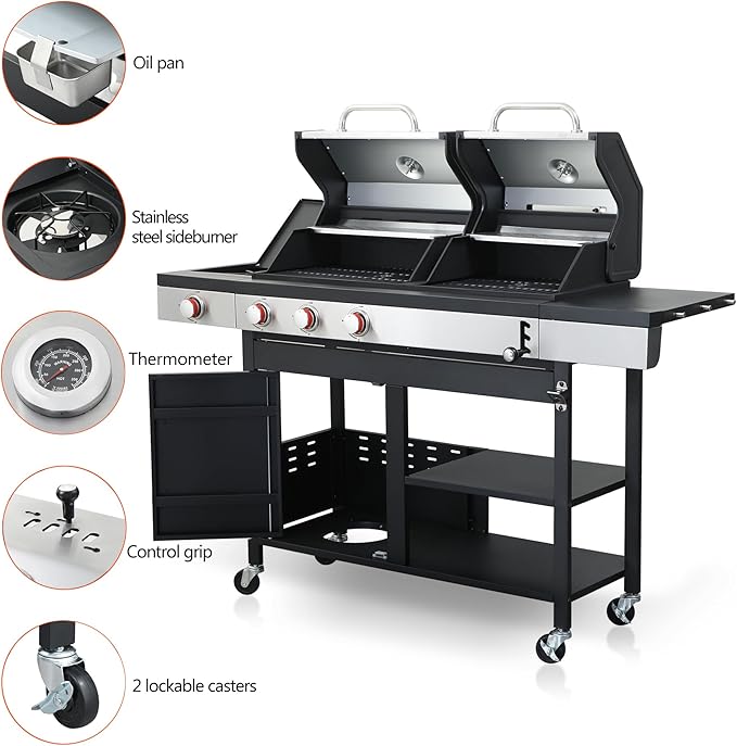 3-Burner Propane Gas and Charcoal Combo Grill with Side Burner - 37,230 BTU, Stainless Steel, Enameled Cast Iron Grates for Outdoor BBQ