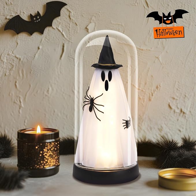 Halloween Decor-Halloween Decorations Indoor-Light Up Ghost in Glass Cloche-Cute Ghost with Light for Home Kitchen Mantel Tabletop Party Decor