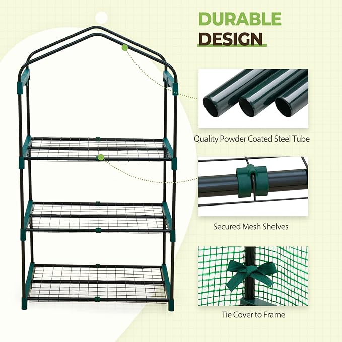 EAGLE PEAK Mini Greenhouse with Wire Shelves, Portable Indoor & Outdoor Garden Green House with Roll-Up Zipper Door, 3 Tier , 27"x19"x50", Clear PVC Cover