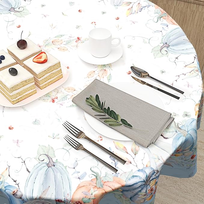 Giwawa Fall Pumpkin Blue Round Tablecloth 60 Inch,Autumn Harvest Thanksgiving Farmhouse Decorative Table Cloth Washable Table Cover for Kitchen Party Picnic Dinner Home Decor