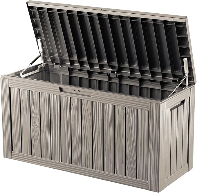 80 Gallon Deck Box, Resin Outdoor Indoor Waterproof Storage Box, Lockable Storage Box With Handle for Patio Furniture - Garden Tools - Swimming Pool Tools UV-Resistant, Brown