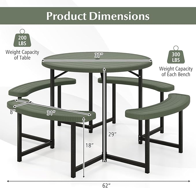 Giantex Picnic Table Bench Set for 4-8 Person, Round 37” Outdoor Dining Table w/Umbrella Hole, HDPE Tabletop, Metal Frame, Patio Furniture Set for Backyard Porch Lawn, 1400lb Capacity (Green,Round)