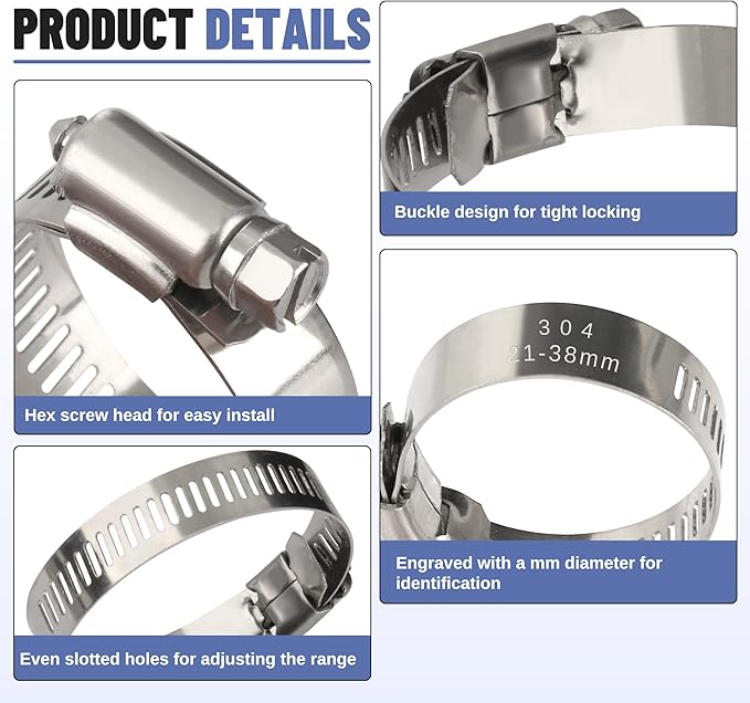 130 PCS Hose Clamp Assortment Kit 304 Stainless Steel Hose Clamps Adjustable 1/4"-1-1/2"(6-38mm) Worm Gear Clamps for Fuel Line, Plumbing, Automotive, Pipe, Tube, Radiator, Garden