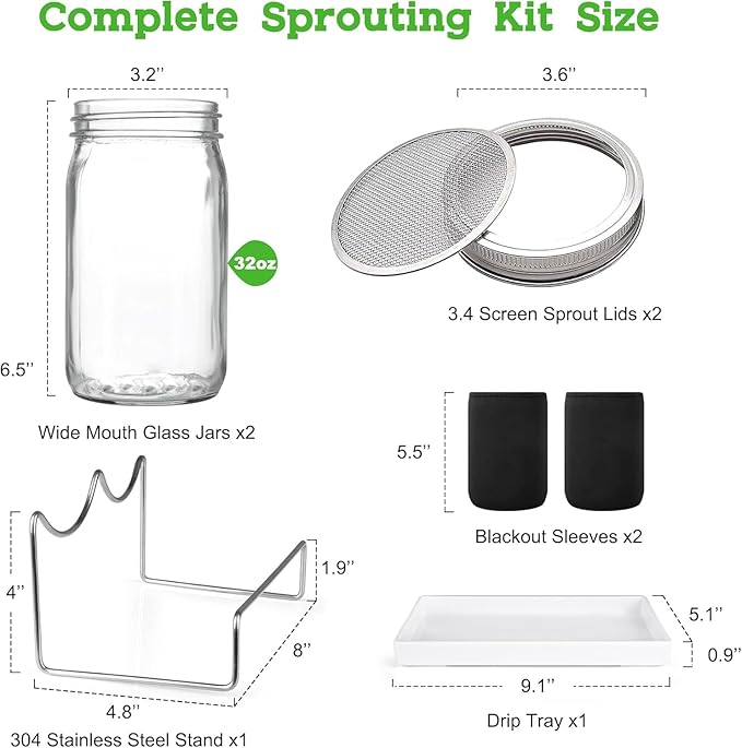 Organic Seed Sprouting Jar Kit – 2 × 32 oz Wide-Mouth Mason Jars with Stainless-Steel Sprouter Lids & Stand, Blackout Sleeves, Drain Tray – Grow Broccoli, Alfalfa & Bean Microgreens