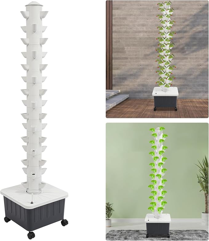 Hydroponics Tower | 15 Layer 45 Plants Indoor Vertical Tower System Kit | Vertical Hydroponic Grow Tower Aeroponic Tower for Herbs | with Pump and 7.93 GAL Water Tank | 4 Wheels | White